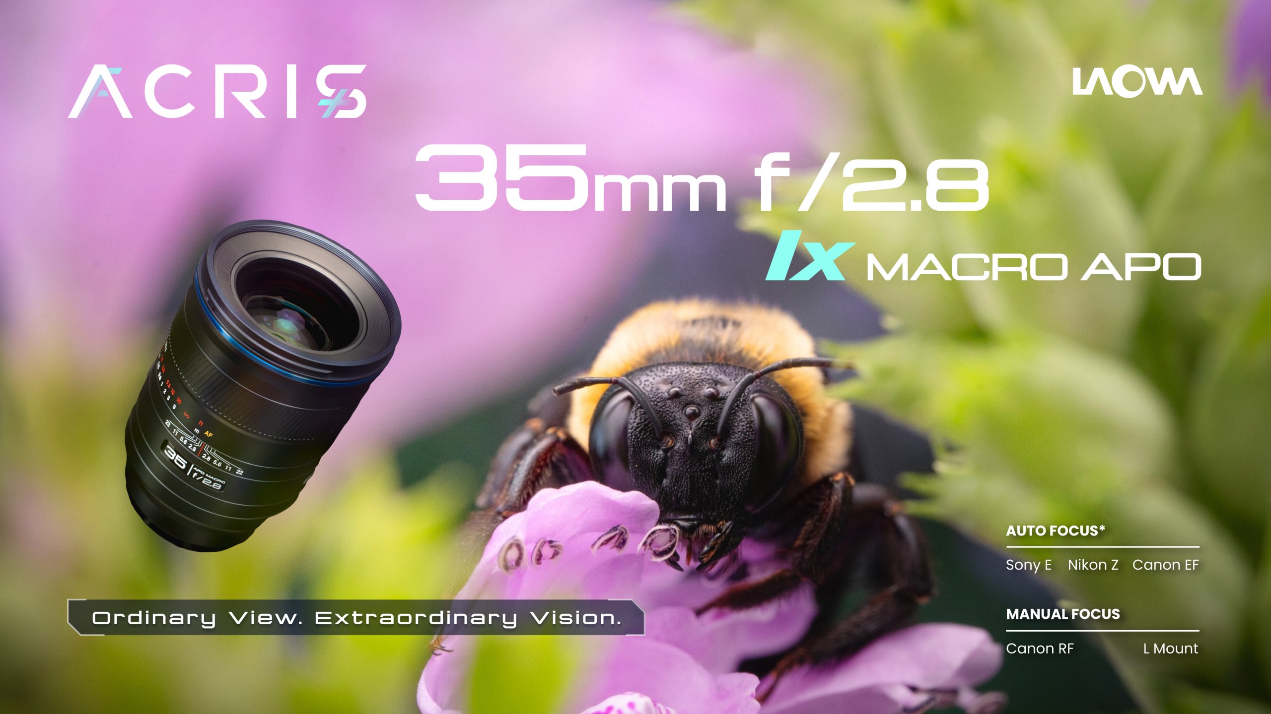 Laowa ACRIS 35mm f/2.8 macro lens beside a bumblebee image.
